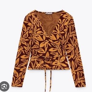 Zara Orange Long Sleeve Wrap Blouse